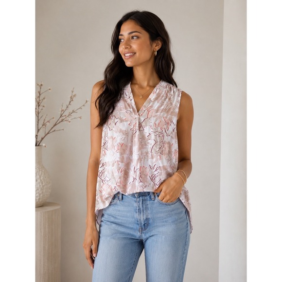 Classiques Entier Tops - Classiques Entier Womens Silk Blend Sleeveless Floral V-Neck Blouse Tan Red S